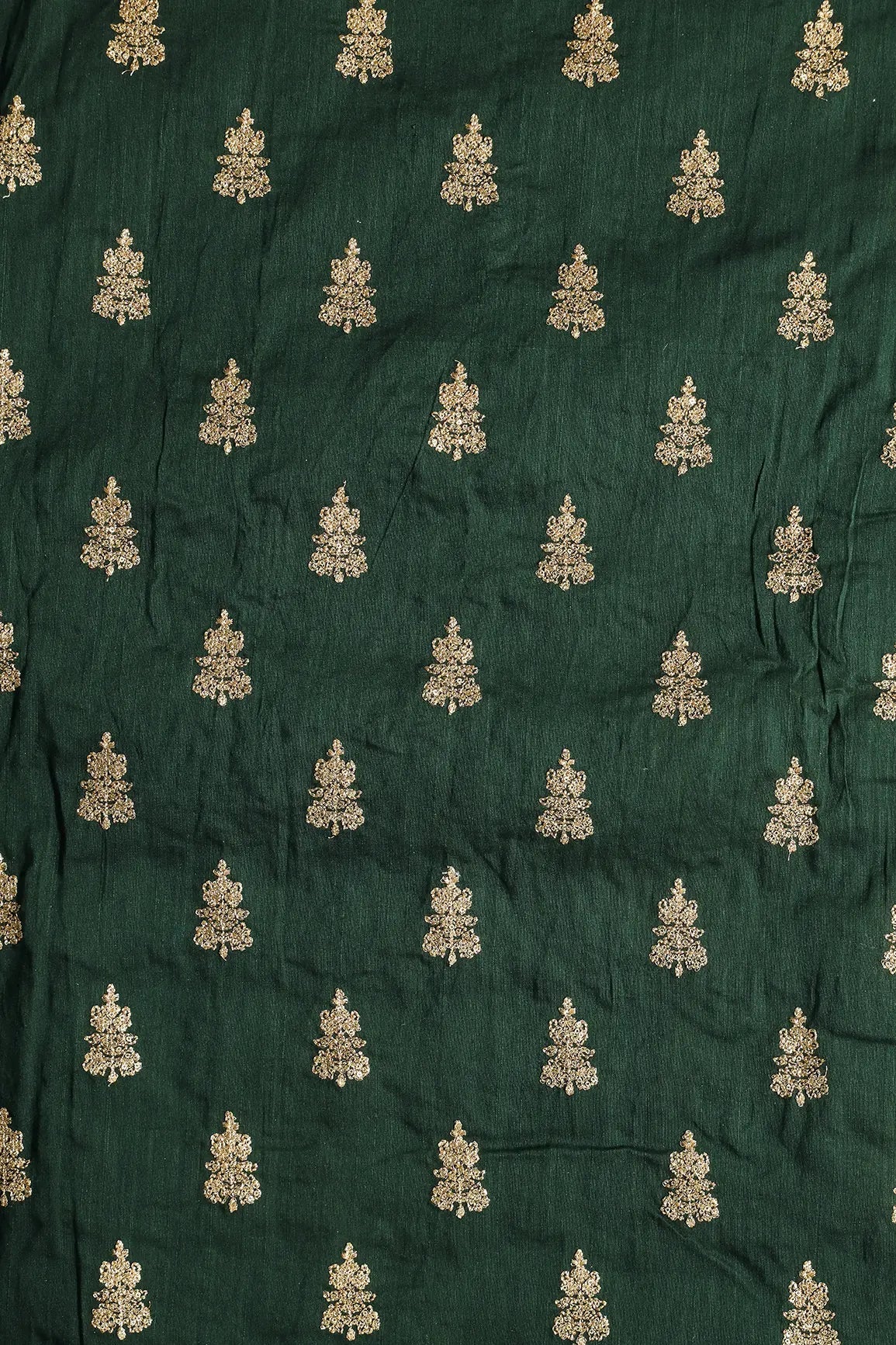 Gold Sequins With Gold Zari Big Motif Embroidery Work On Bottle Green Raw Silk Fabric - doeraa
