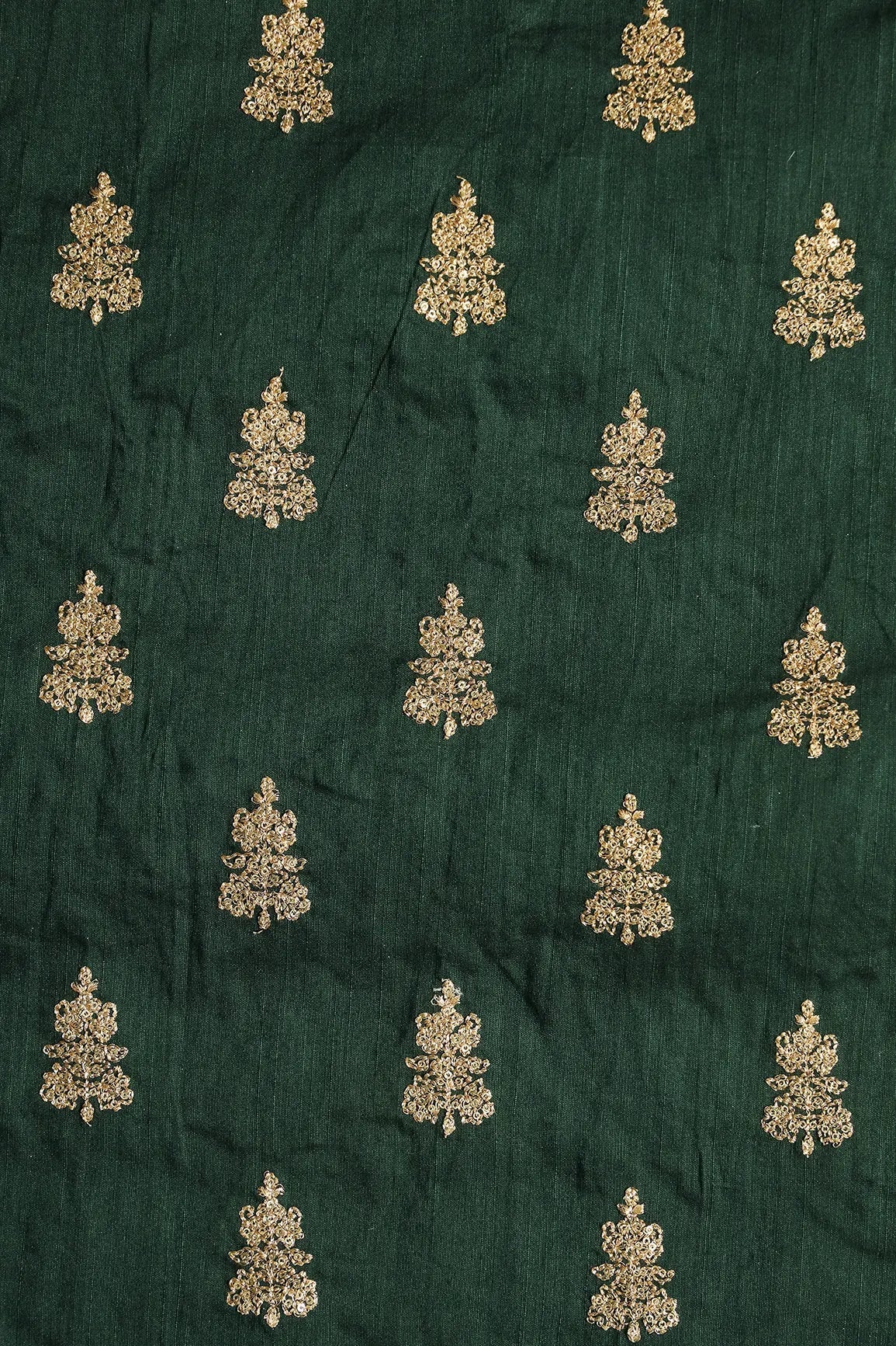 Gold Sequins With Gold Zari Big Motif Embroidery Work On Bottle Green Raw Silk Fabric - doeraa