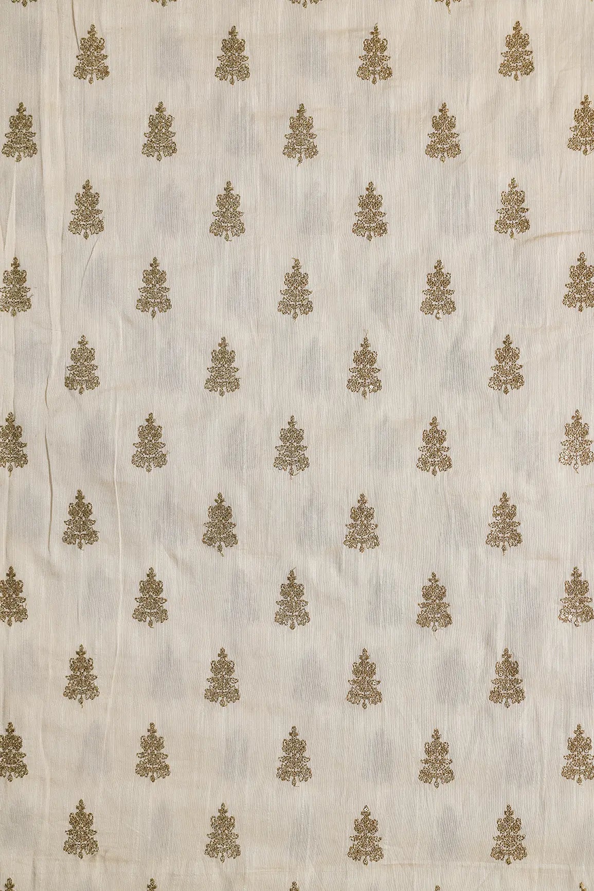 Gold Sequins With Gold Zari Big Motif Embroidery Work On Cream Raw Silk Fabric - doeraa