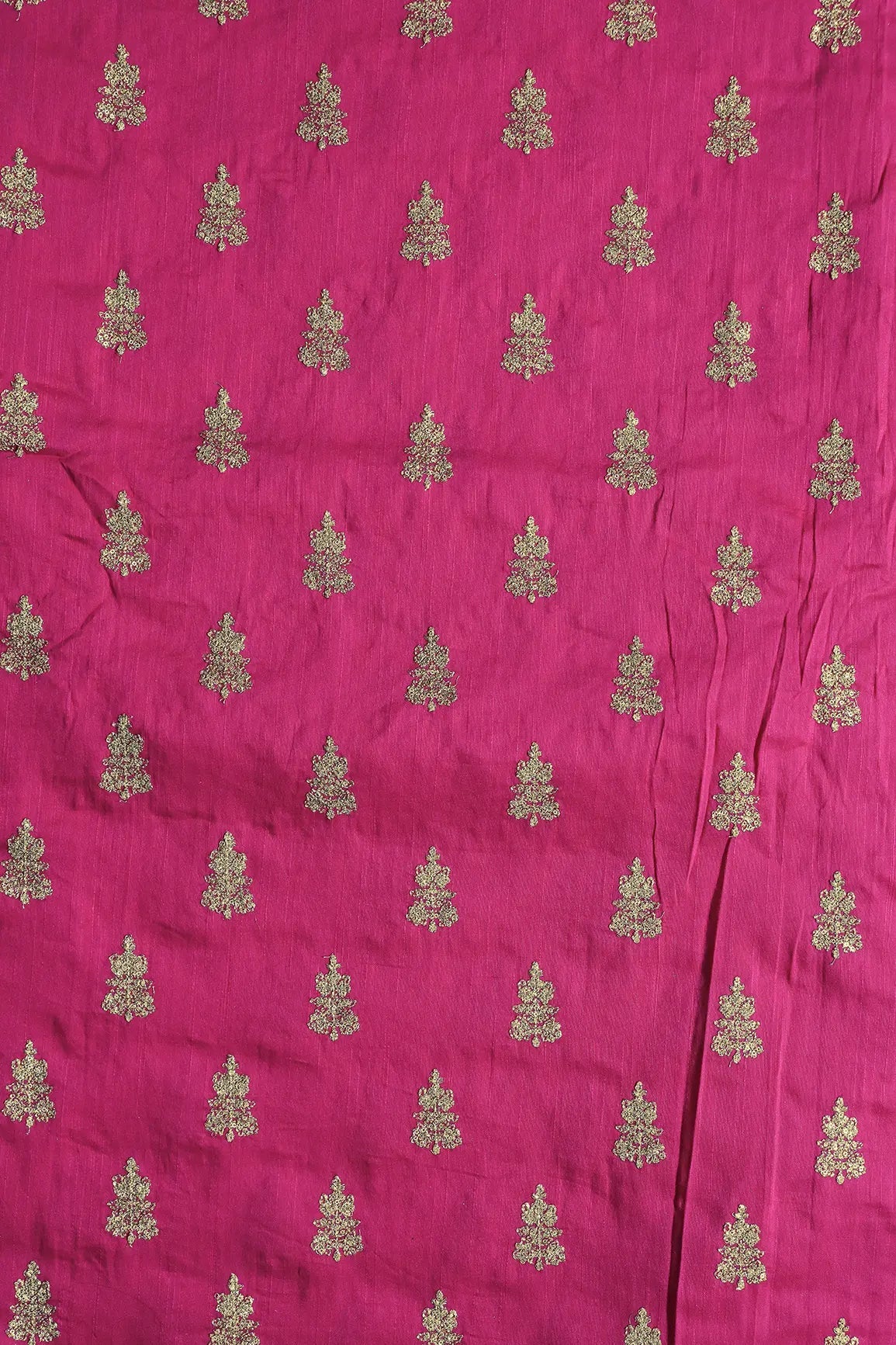 Gold Sequins With Gold Zari Big Motif Embroidery Work On Fuchsia Raw Silk Fabric - doeraa