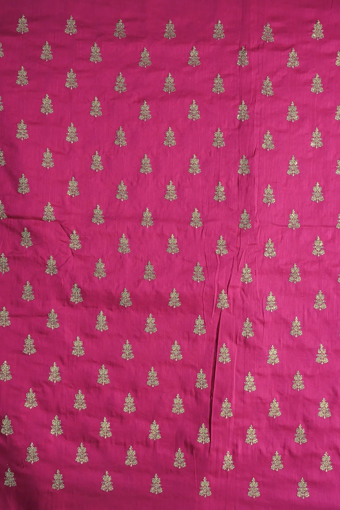 Gold Sequins With Gold Zari Big Motif Embroidery Work On Fuchsia Raw Silk Fabric - doeraa