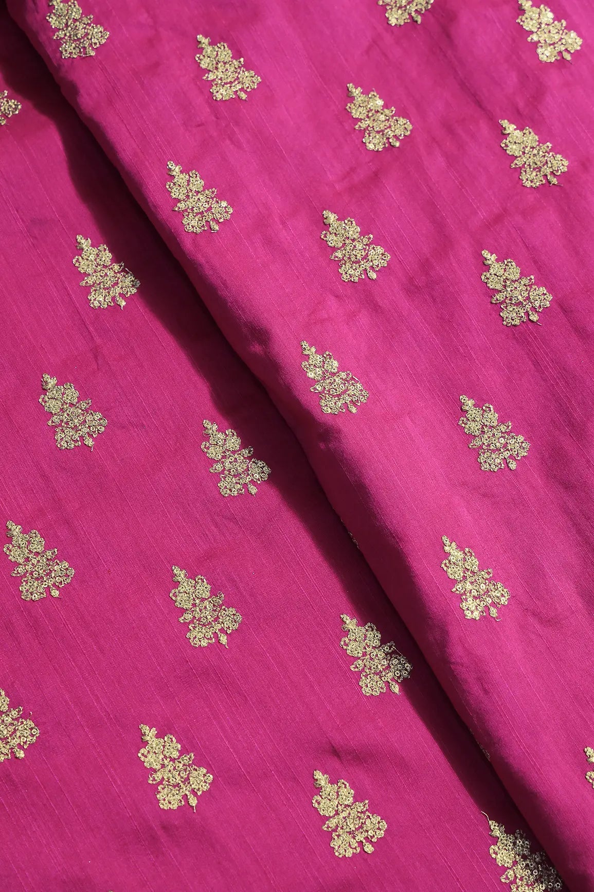 Gold Sequins With Gold Zari Big Motif Embroidery Work On Fuchsia Raw Silk Fabric - doeraa