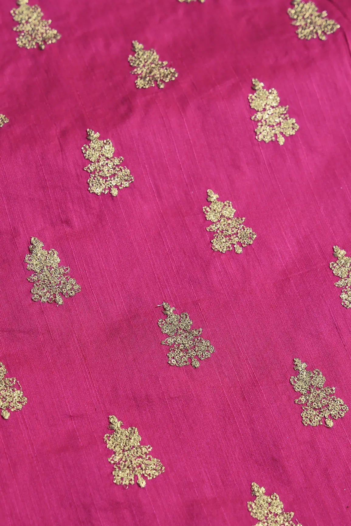 Gold Sequins With Gold Zari Big Motif Embroidery Work On Fuchsia Raw Silk Fabric - doeraa