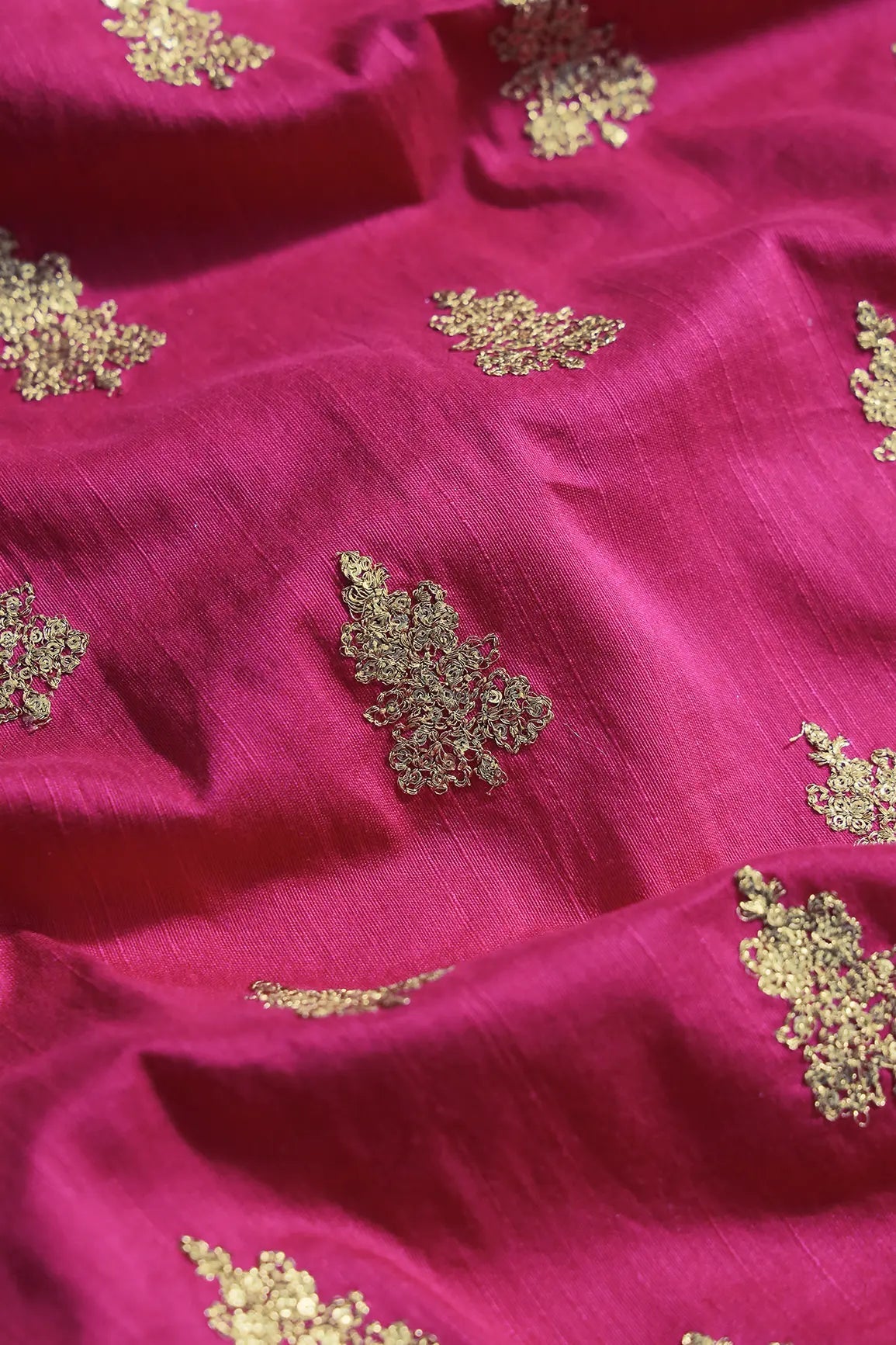 Gold Sequins With Gold Zari Big Motif Embroidery Work On Fuchsia Raw Silk Fabric - doeraa