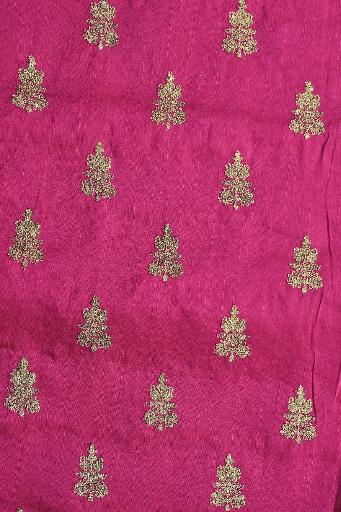 Gold Sequins With Gold Zari Big Motif Embroidery Work On Fuchsia Raw Silk Fabric - doeraa