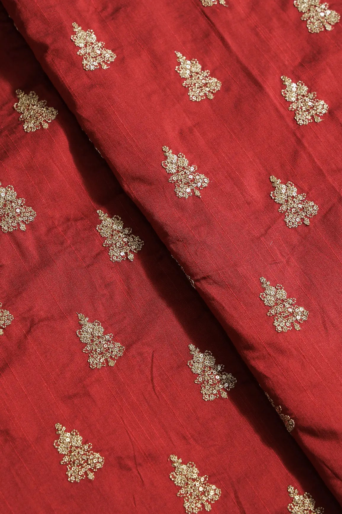 Gold Sequins With Gold Zari Big Motif Embroidery Work On Maroon Raw Silk Fabric - doeraa