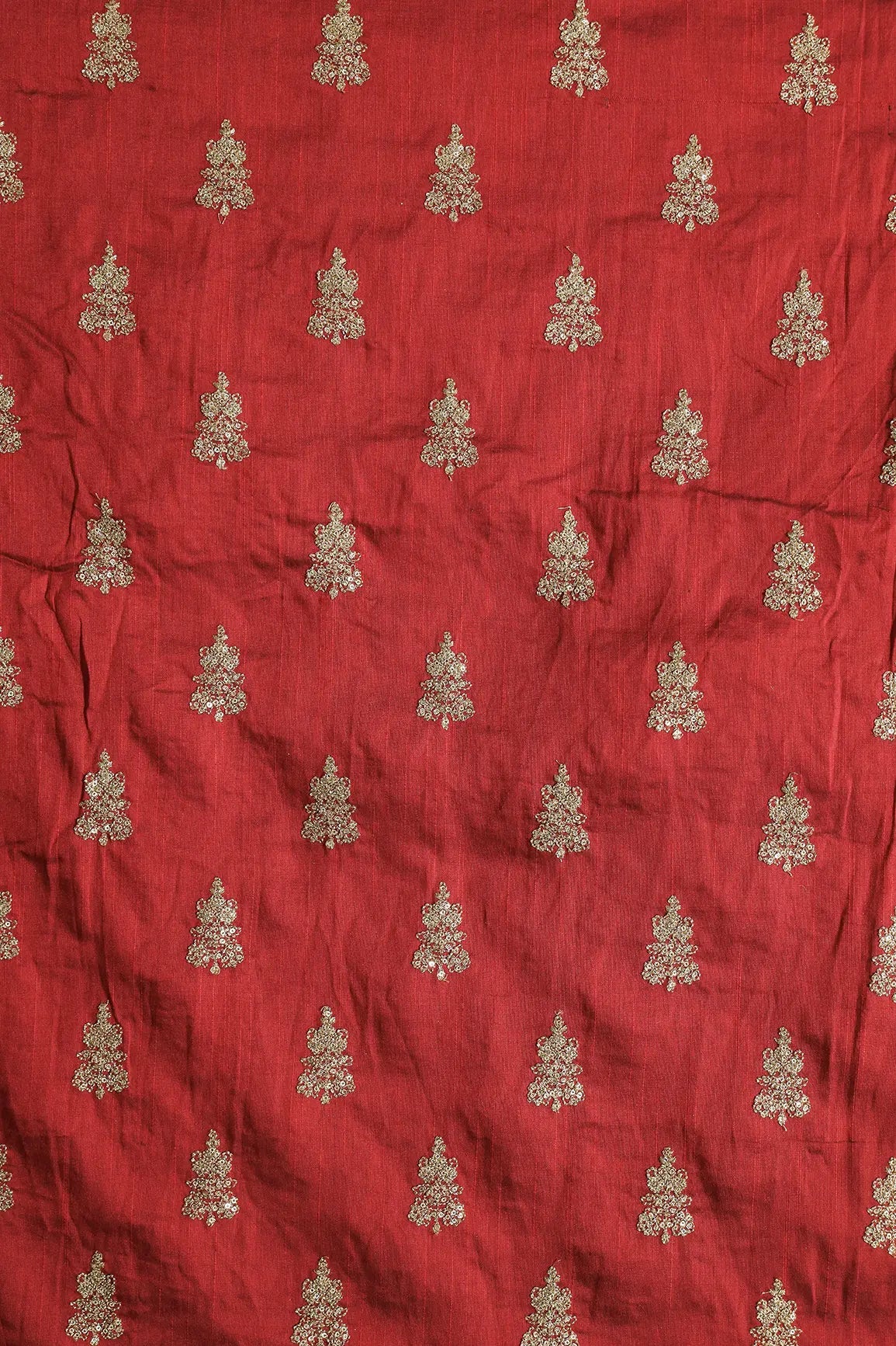 Gold Sequins With Gold Zari Big Motif Embroidery Work On Maroon Raw Silk Fabric - doeraa