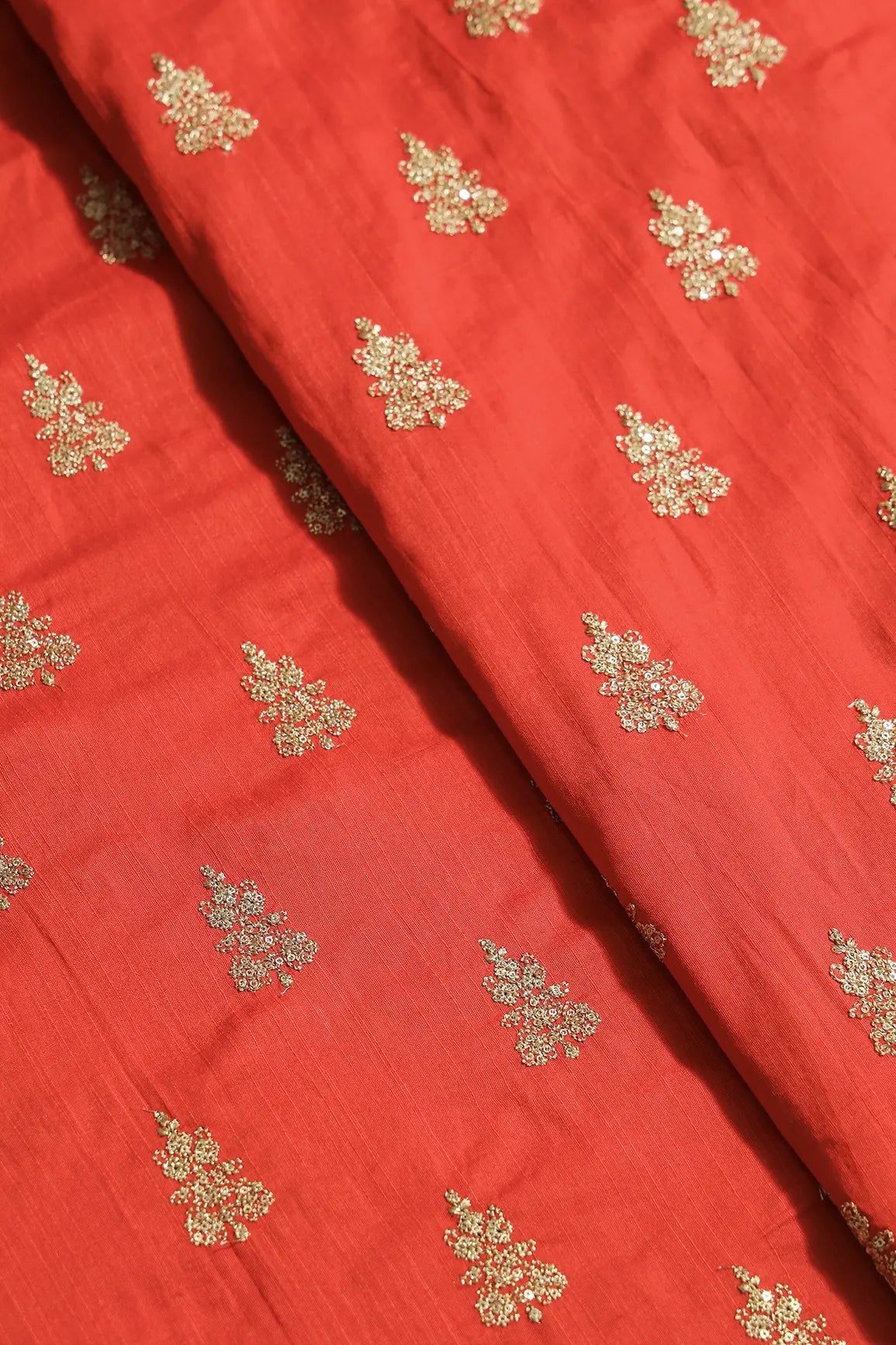 Gold Sequins With Gold Zari Big Motif Embroidery Work On Orange Raw Silk Fabric - doeraa