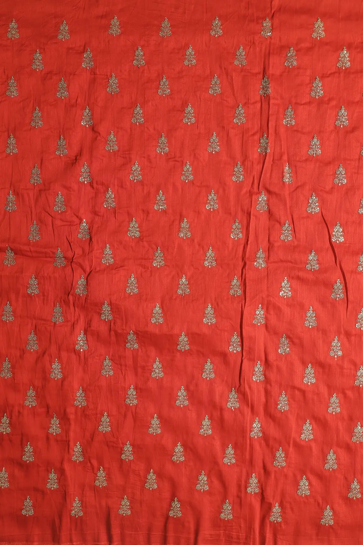 Gold Sequins With Gold Zari Big Motif Embroidery Work On Orange Raw Silk Fabric - doeraa