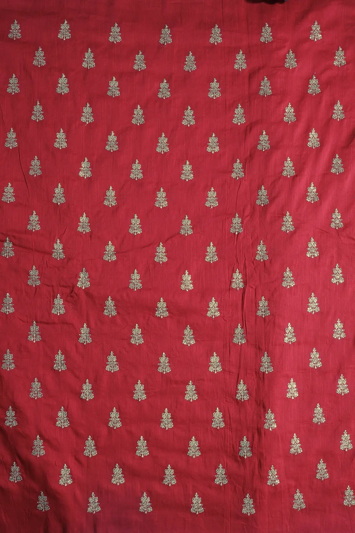 Gold Sequins With Gold Zari Big Motif Embroidery Work On Red Raw Silk Fabric - doeraa