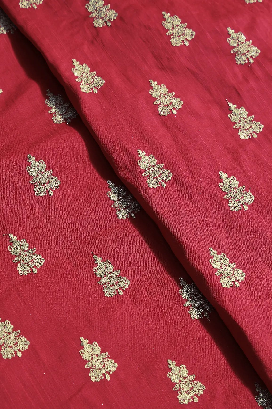 Gold Sequins With Gold Zari Big Motif Embroidery Work On Red Raw Silk Fabric - doeraa