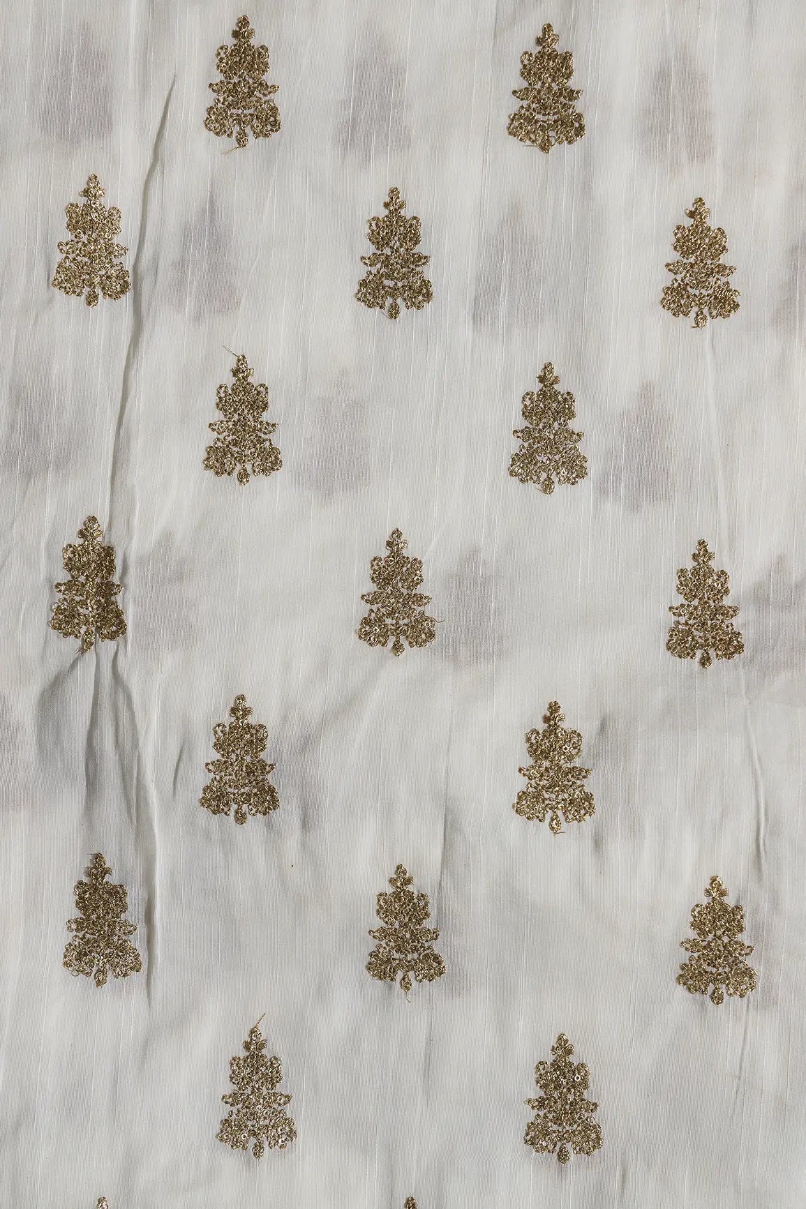 Gold Sequins With Gold Zari Big Motif Embroidery Work On White Raw Silk Fabric - doeraa