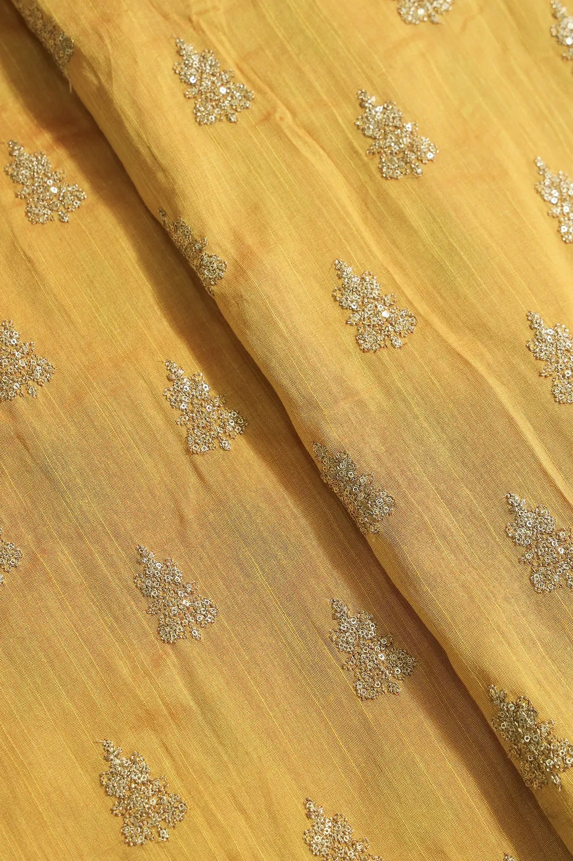 Gold Sequins With Gold Zari Big Motif Embroidery Work On Yellow Raw Silk Fabric - doeraa