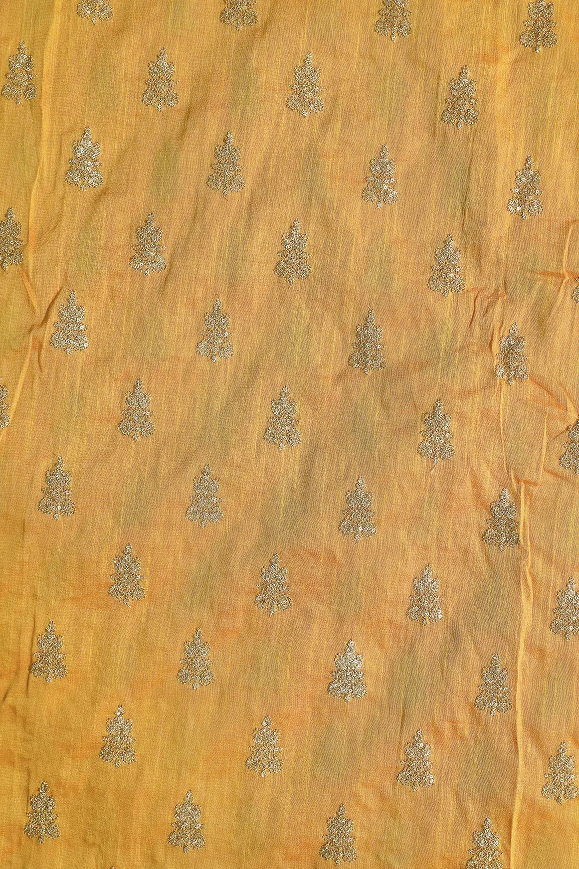 Gold Sequins With Gold Zari Big Motif Embroidery Work On Yellow Raw Silk Fabric - doeraa