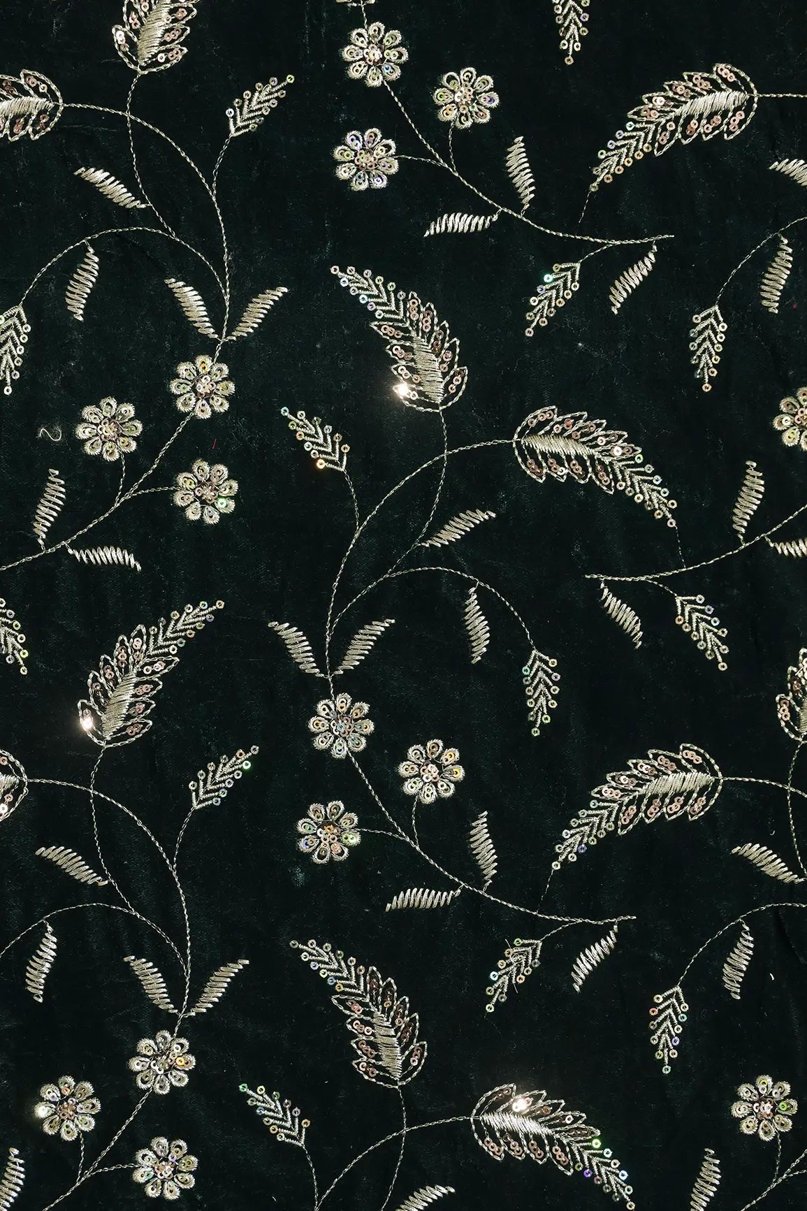 Gold Sequins With Gold Zari Floral Leafy Embroidery Work On Bottle Green Velvet Fabric - doeraa