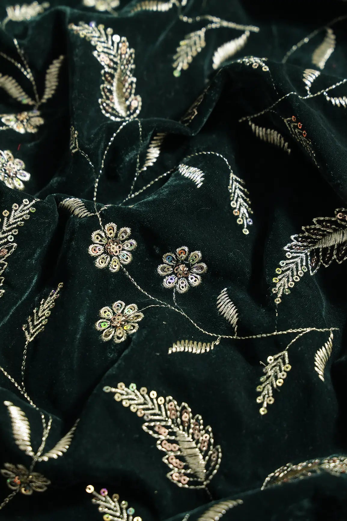 Gold Sequins With Gold Zari Floral Leafy Embroidery Work On Bottle Green Velvet Fabric - doeraa