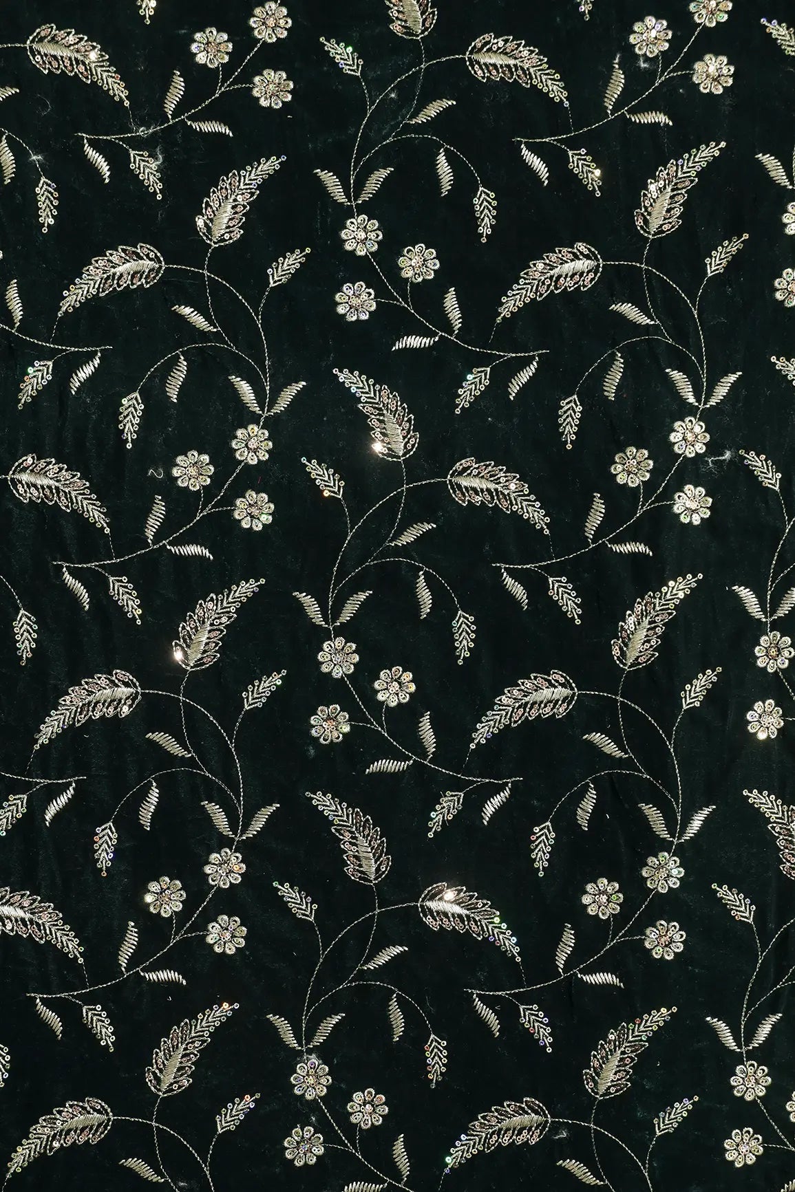 Gold Sequins With Gold Zari Floral Leafy Embroidery Work On Bottle Green Velvet Fabric - doeraa