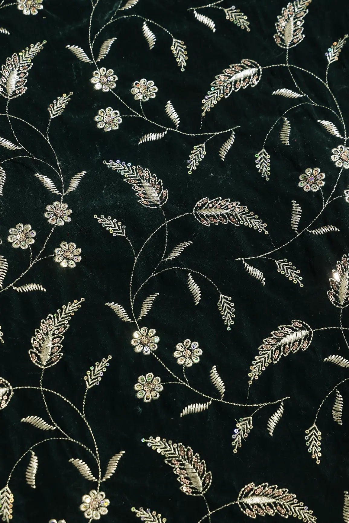Gold Sequins With Gold Zari Floral Leafy Embroidery Work On Bottle Green Velvet Fabric - doeraa