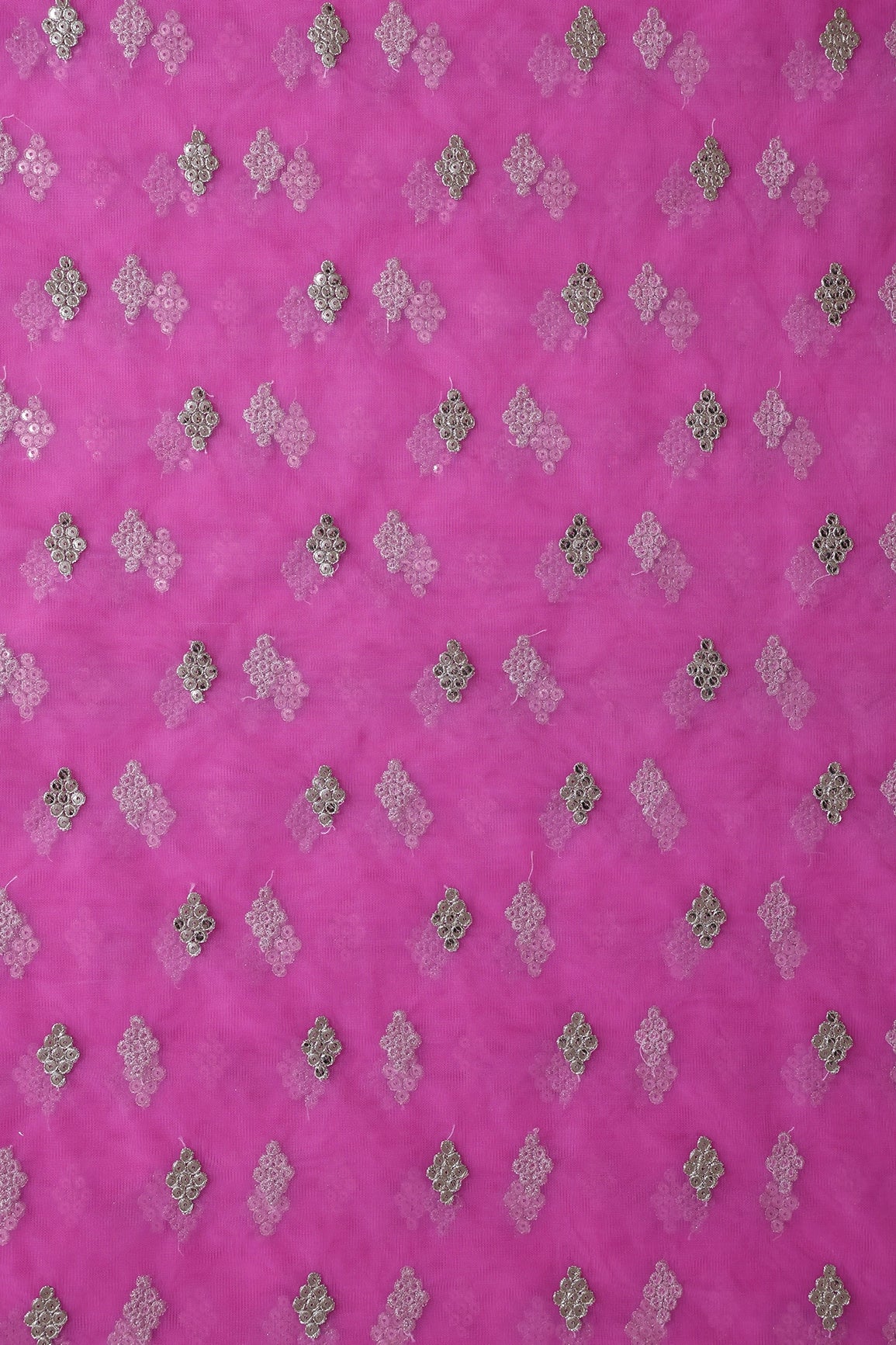 Gold Sequins With Gold Zari Geometric Embroidery On Fuchsia Soft Net Fabric - doeraa