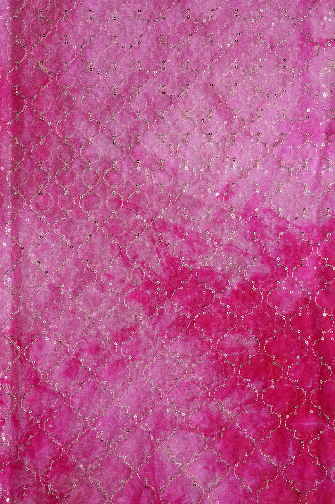 Gold Sequins With Gold Zari Ogee Embroidery Work On Tie & Dye Fuchsia Organza Fabric - doeraa