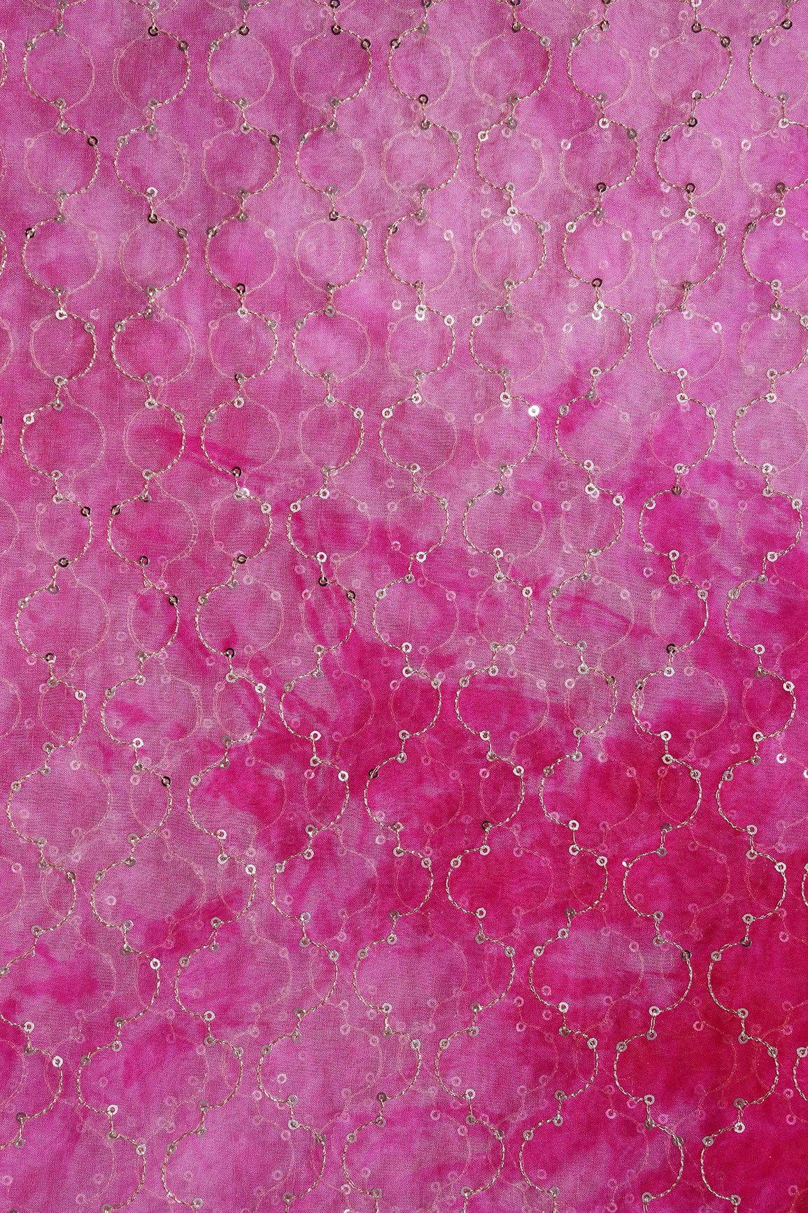 Gold Sequins With Gold Zari Ogee Embroidery Work On Tie & Dye Fuchsia Organza Fabric - doeraa