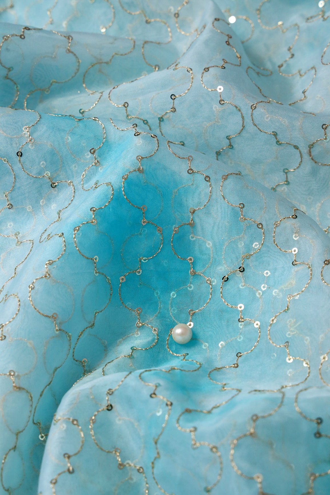 Gold Sequins With Gold Zari Ogee Embroidery Work On Tie & Dye Sky Blue Organza Fabric - doeraa