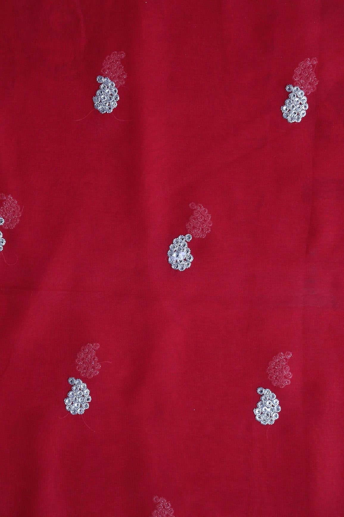 Gold Sequins With Gold Zari Paisley Embroidery On Red Georgette Fabric - doeraa