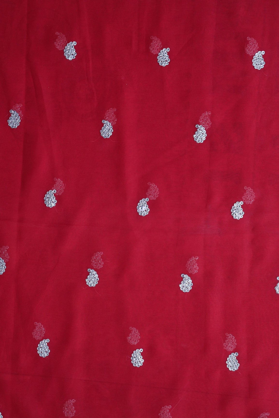 Gold Sequins With Gold Zari Paisley Embroidery On Red Georgette Fabric - doeraa