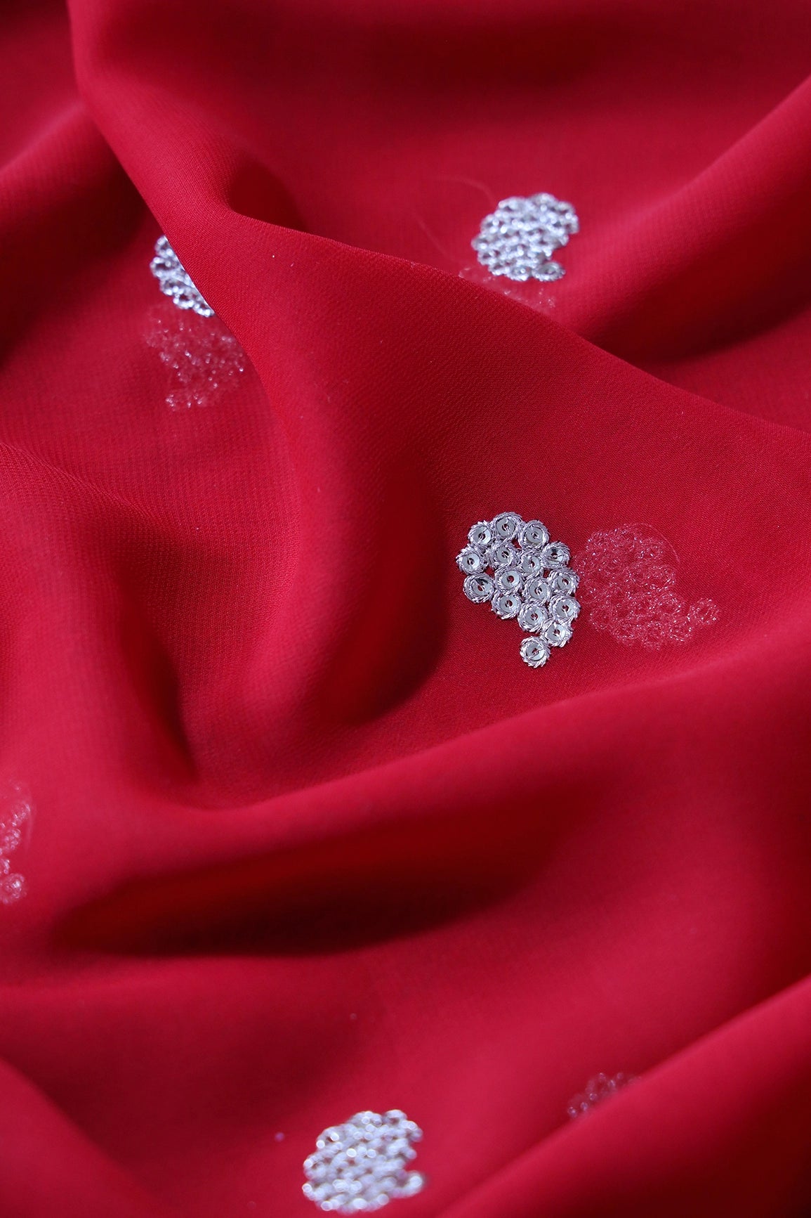 Gold Sequins With Gold Zari Paisley Embroidery On Red Georgette Fabric - doeraa