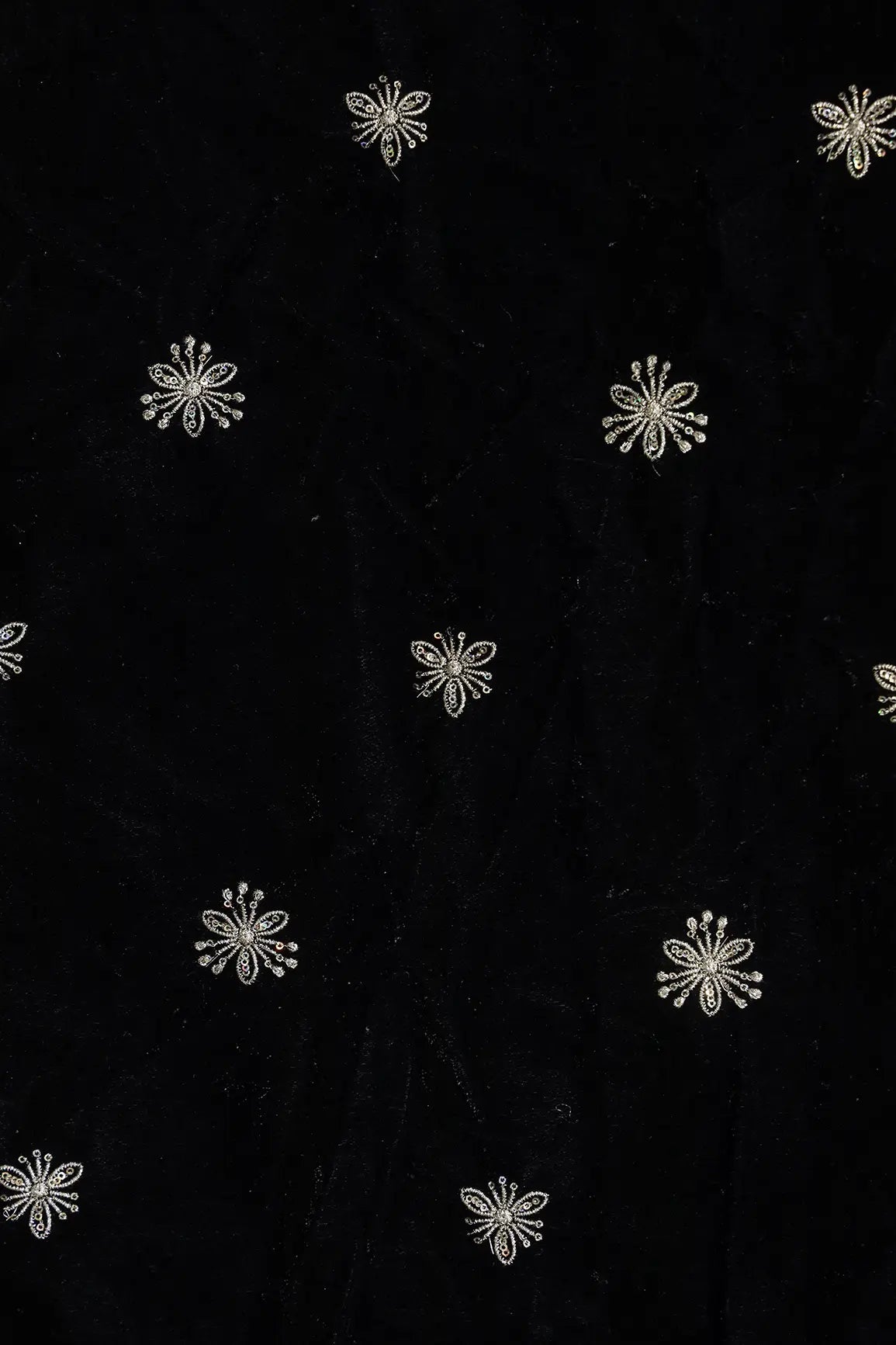 Gold Sequins With Gold Zari Small Floral Motif Embroidery Work On Black Velvet Fabric - doeraa