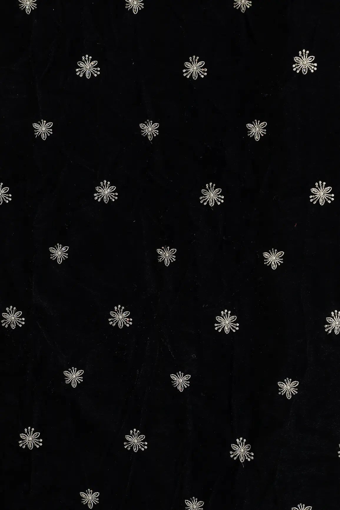 Gold Sequins With Gold Zari Small Floral Motif Embroidery Work On Black Velvet Fabric - doeraa
