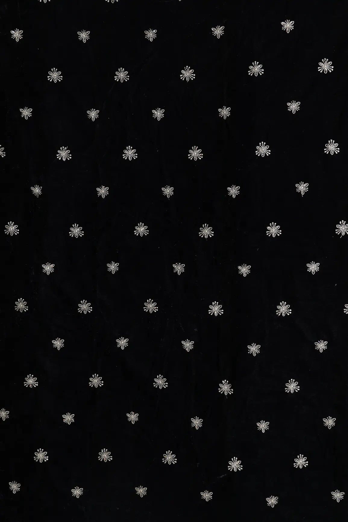 Gold Sequins With Gold Zari Small Floral Motif Embroidery Work On Black Velvet Fabric - doeraa