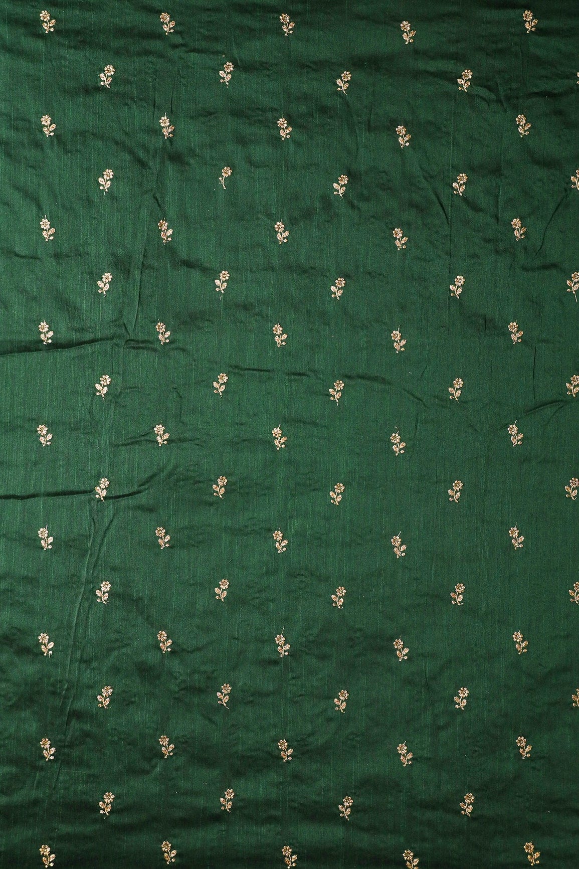 Gold Sequins With Gold Zari Small Floral Motif Embroidery Work On Bottle Green Raw Silk Fabric - doeraa