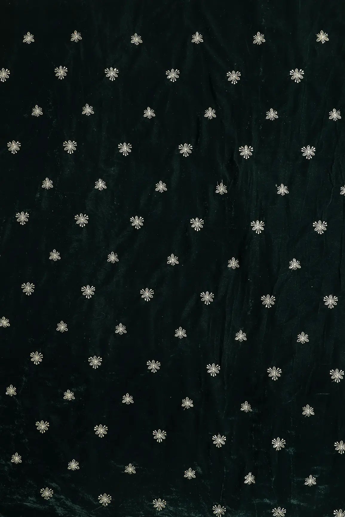 Gold Sequins With Gold Zari Small Floral Motif Embroidery Work On Bottle Green Velvet Fabric - doeraa