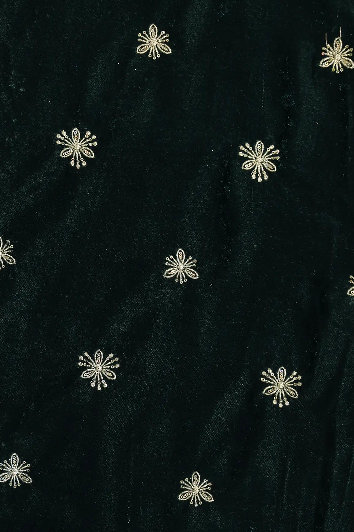 Gold Sequins With Gold Zari Small Floral Motif Embroidery Work On Bottle Green Velvet Fabric - doeraa