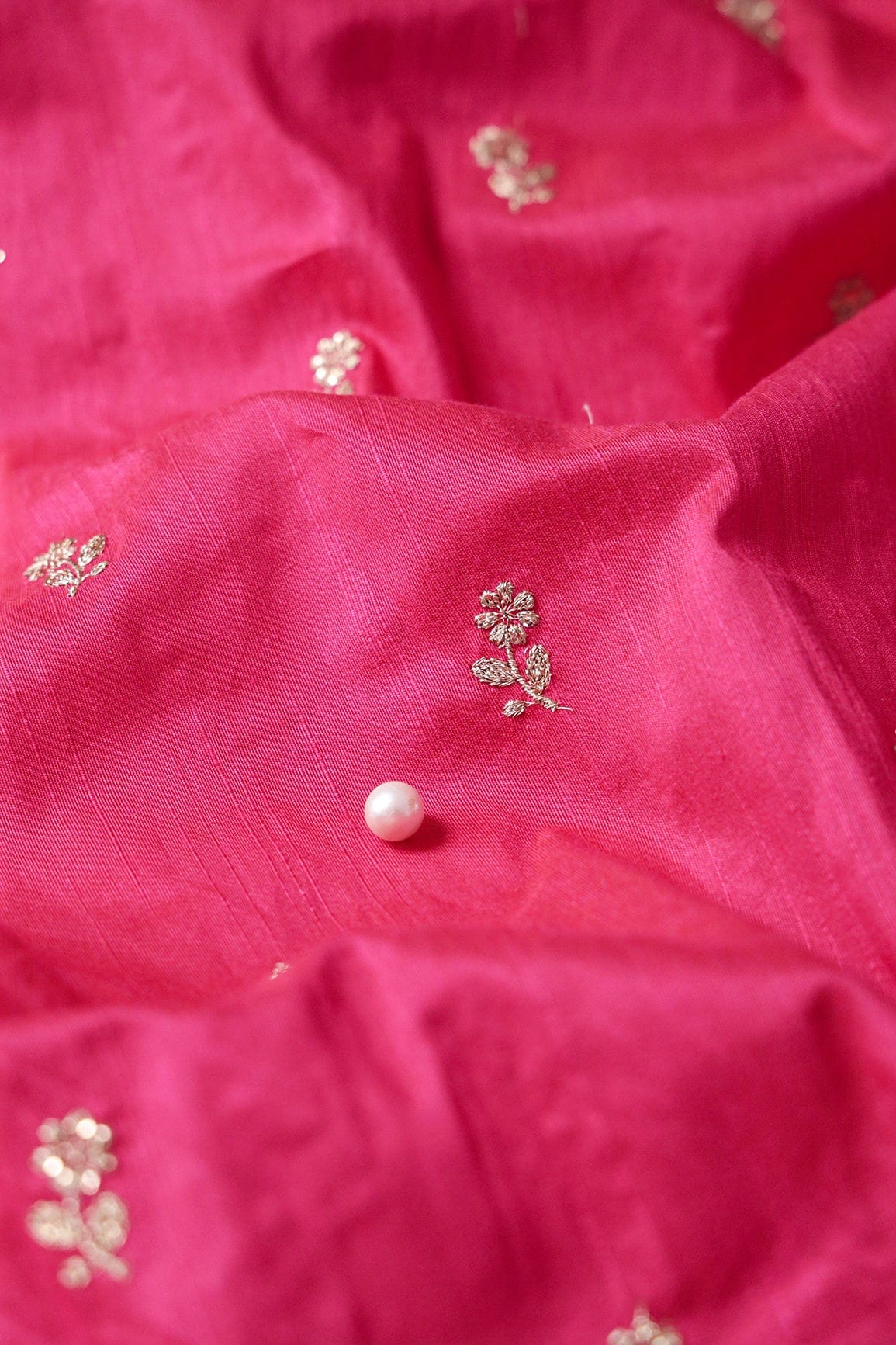 Gold Sequins With Gold Zari Small Floral Motif Embroidery Work On Fuchsia Raw Silk Fabric - doeraa