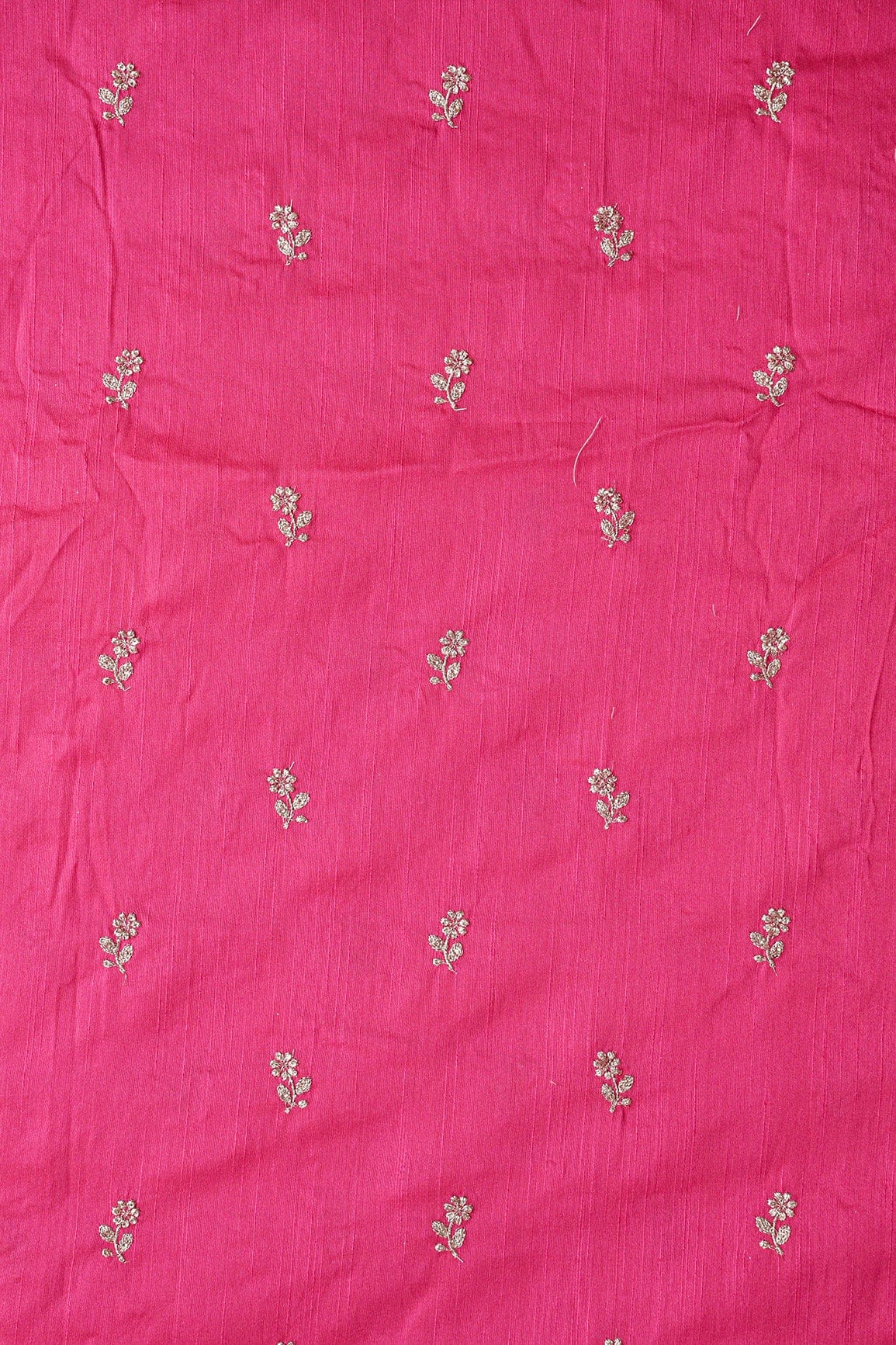 Gold Sequins With Gold Zari Small Floral Motif Embroidery Work On Fuchsia Raw Silk Fabric - doeraa