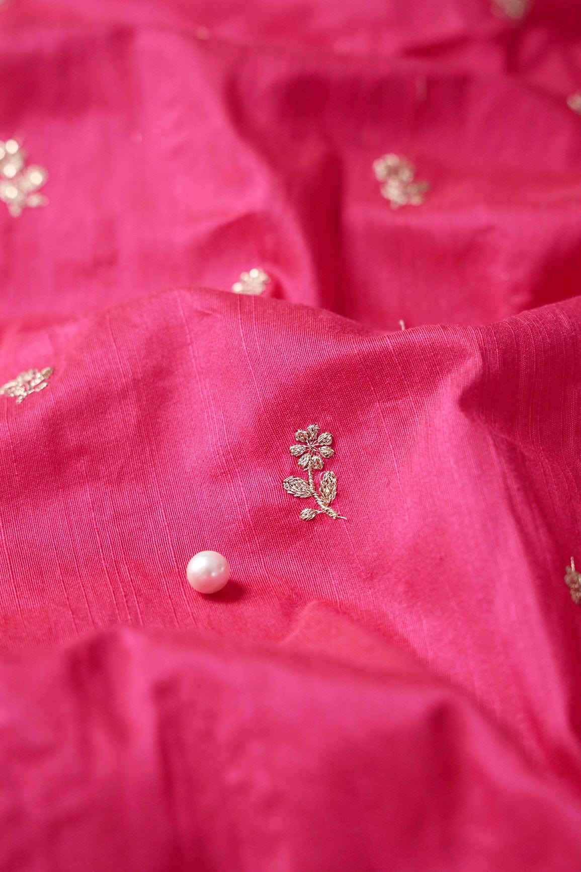 Gold Sequins With Gold Zari Small Floral Motif Embroidery Work On Fuchsia Raw Silk Fabric - doeraa