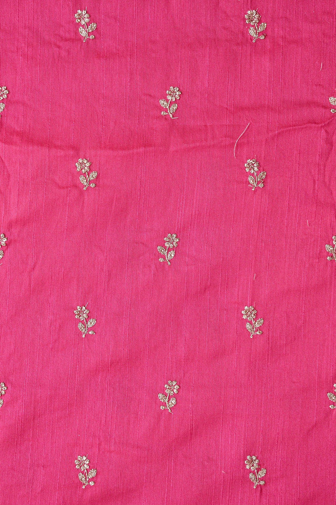 Gold Sequins With Gold Zari Small Floral Motif Embroidery Work On Fuchsia Raw Silk Fabric - doeraa