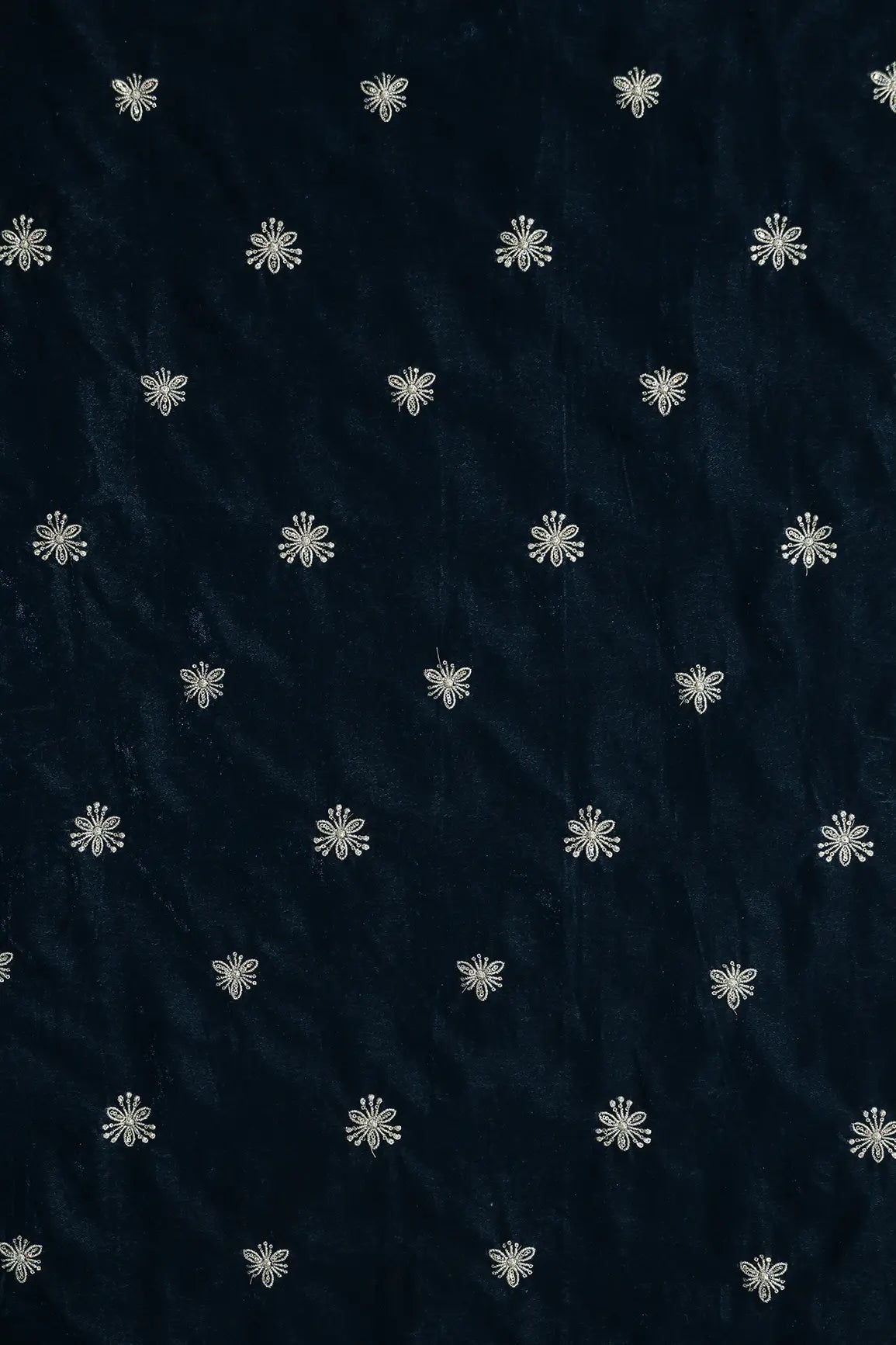 Gold Sequins With Gold Zari Small Floral Motif Embroidery Work On Prussian Blue Velvet Fabric - doeraa