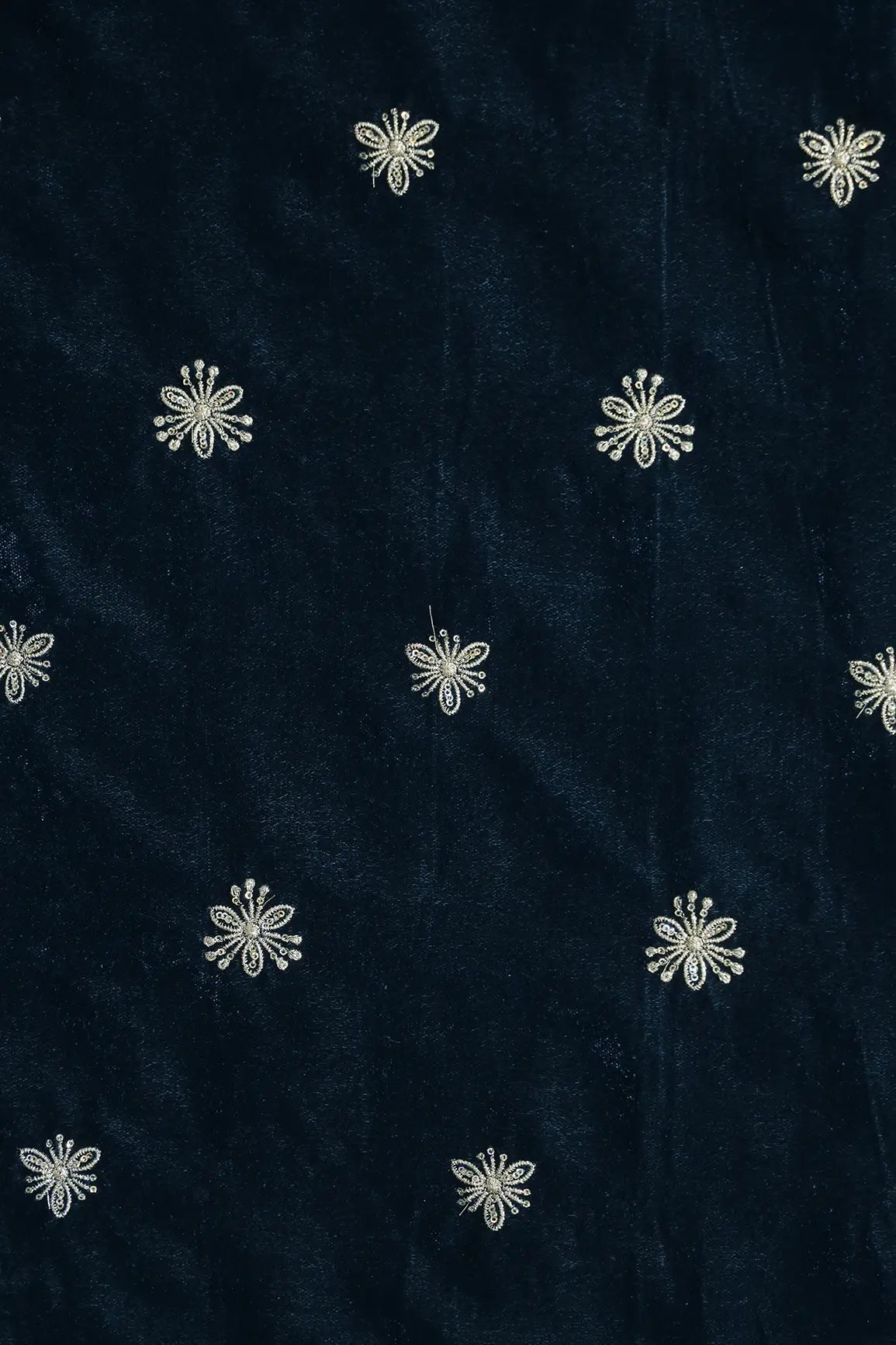 Gold Sequins With Gold Zari Small Floral Motif Embroidery Work On Prussian Blue Velvet Fabric - doeraa