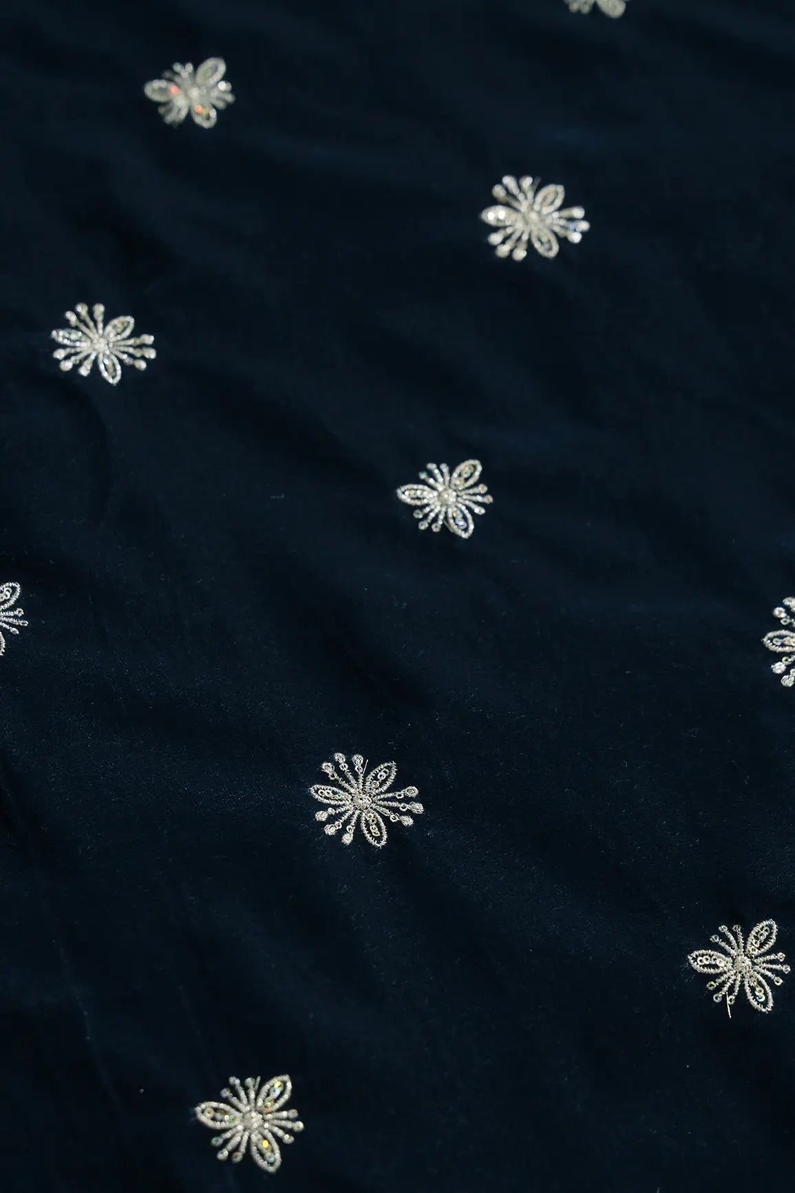 Gold Sequins With Gold Zari Small Floral Motif Embroidery Work On Prussian Blue Velvet Fabric - doeraa