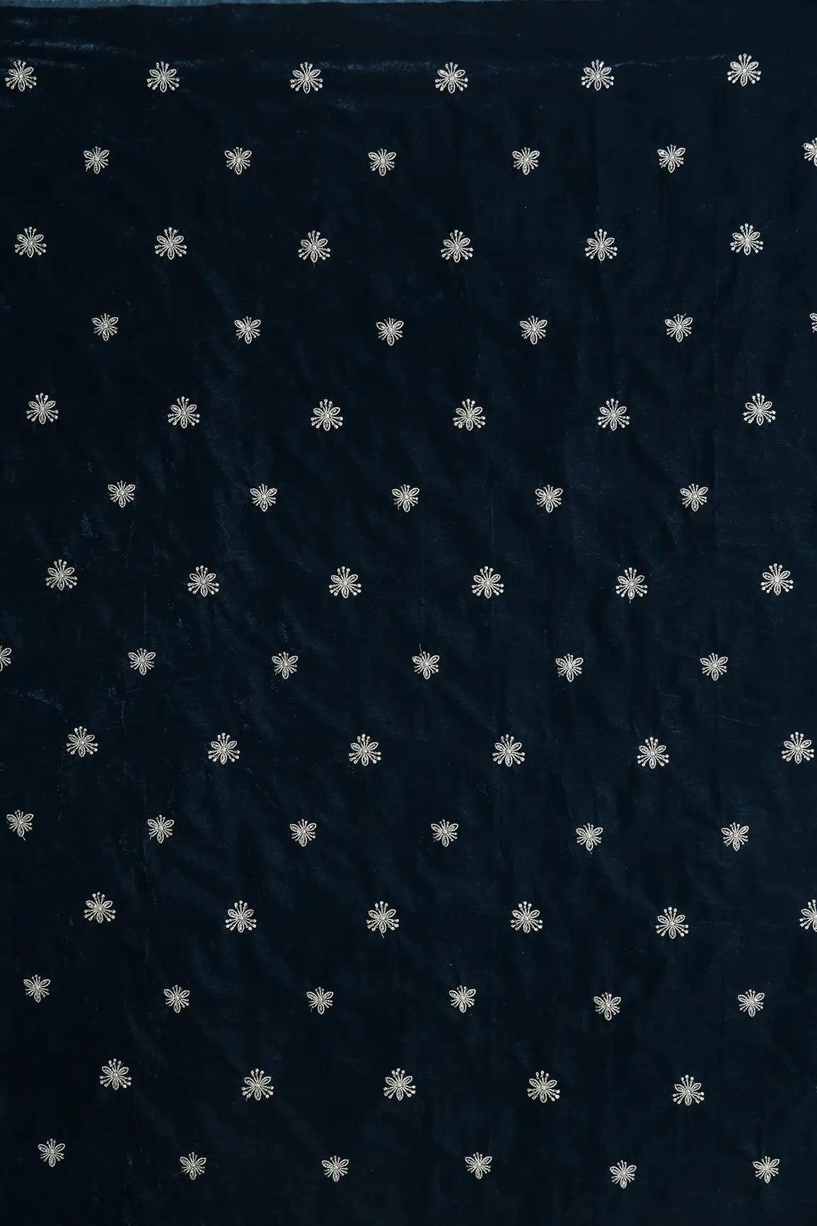 Gold Sequins With Gold Zari Small Floral Motif Embroidery Work On Prussian Blue Velvet Fabric - doeraa