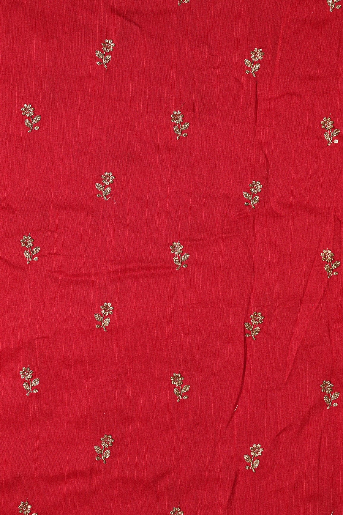 Gold Sequins With Gold Zari Small Floral Motif Embroidery Work On Red Raw Silk Fabric - doeraa