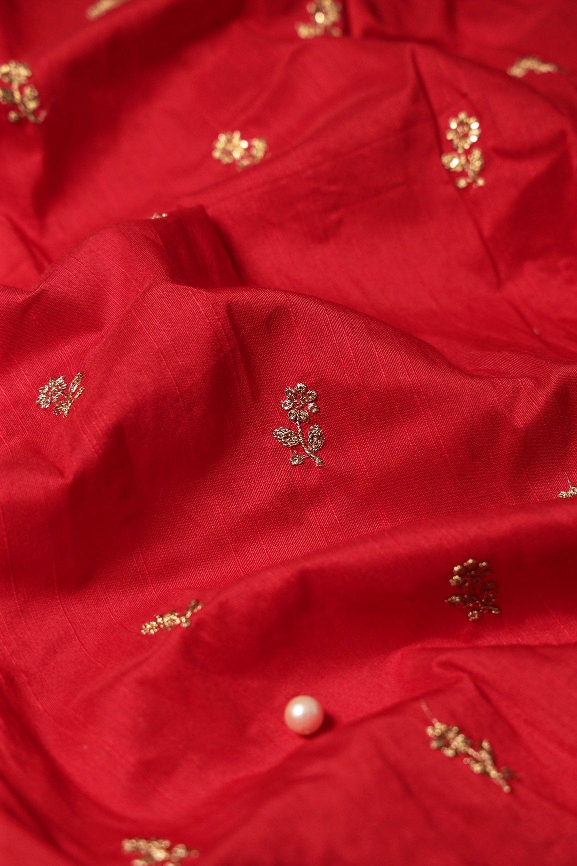 Gold Sequins With Gold Zari Small Floral Motif Embroidery Work On Red Raw Silk Fabric - doeraa