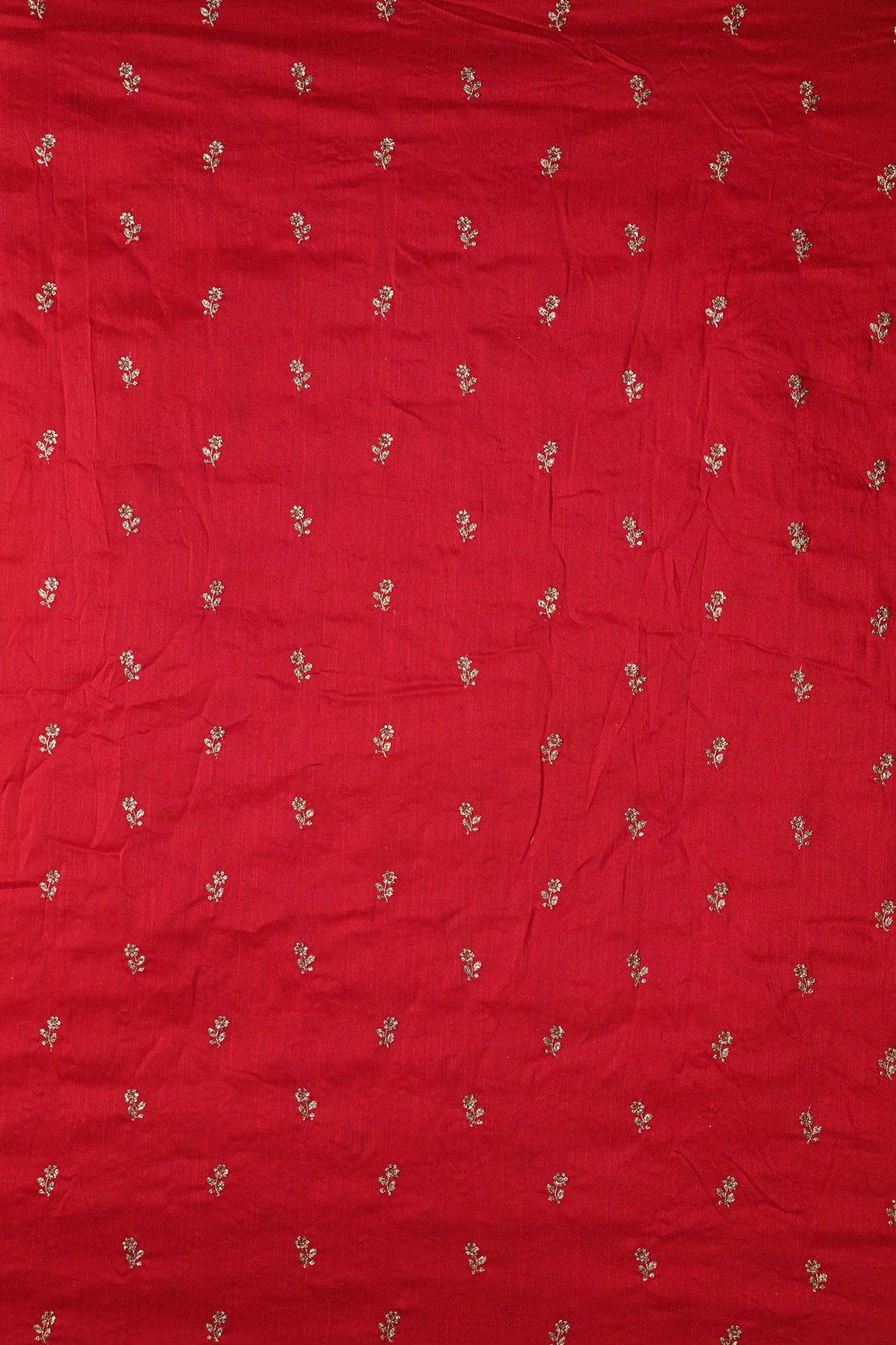 Gold Sequins With Gold Zari Small Floral Motif Embroidery Work On Red Raw Silk Fabric - doeraa