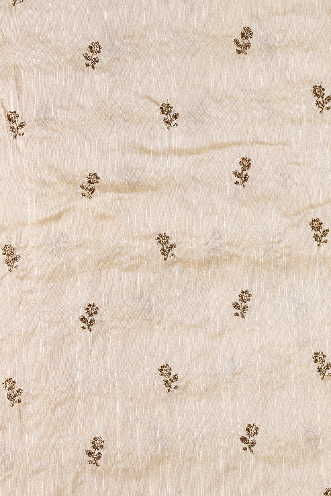 Gold Sequins With Gold Zari Small Floral Motif Embroidery Work On White Raw Silk Fabric - doeraa