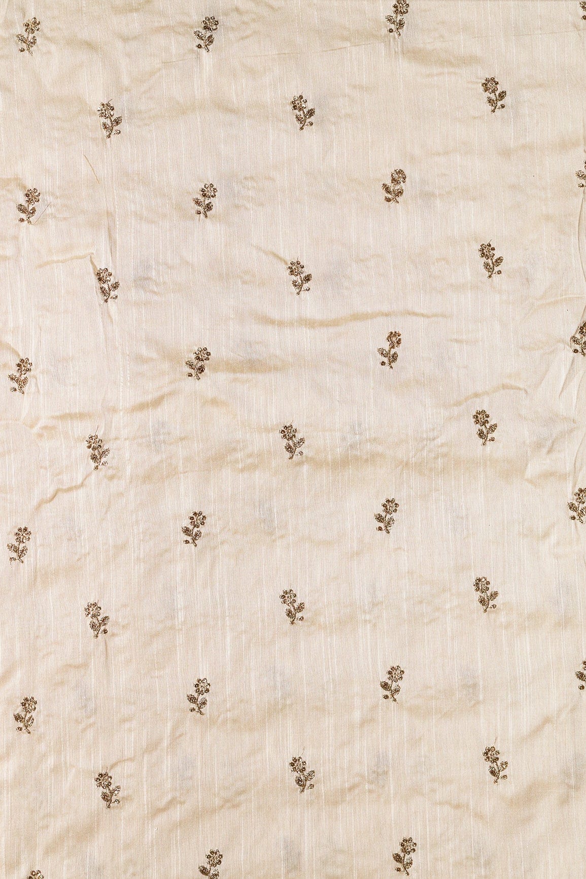 Gold Sequins With Gold Zari Small Floral Motif Embroidery Work On White Raw Silk Fabric - doeraa