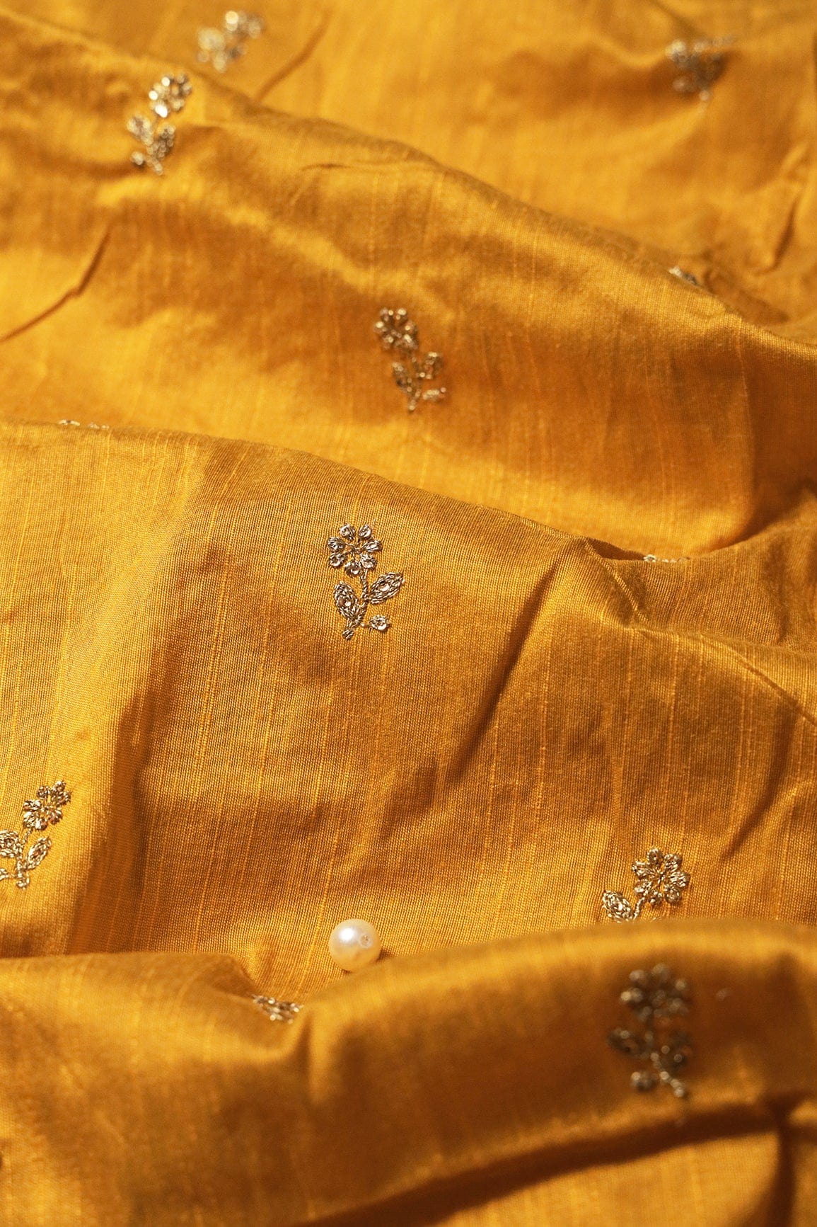 Gold Sequins With Gold Zari Small Floral Motif Embroidery Work On Yellow Raw Silk Fabric - doeraa