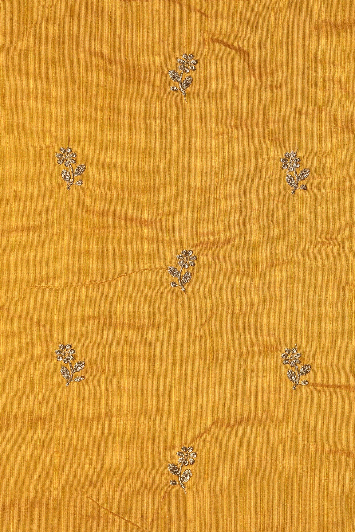 Gold Sequins With Gold Zari Small Floral Motif Embroidery Work On Yellow Raw Silk Fabric - doeraa